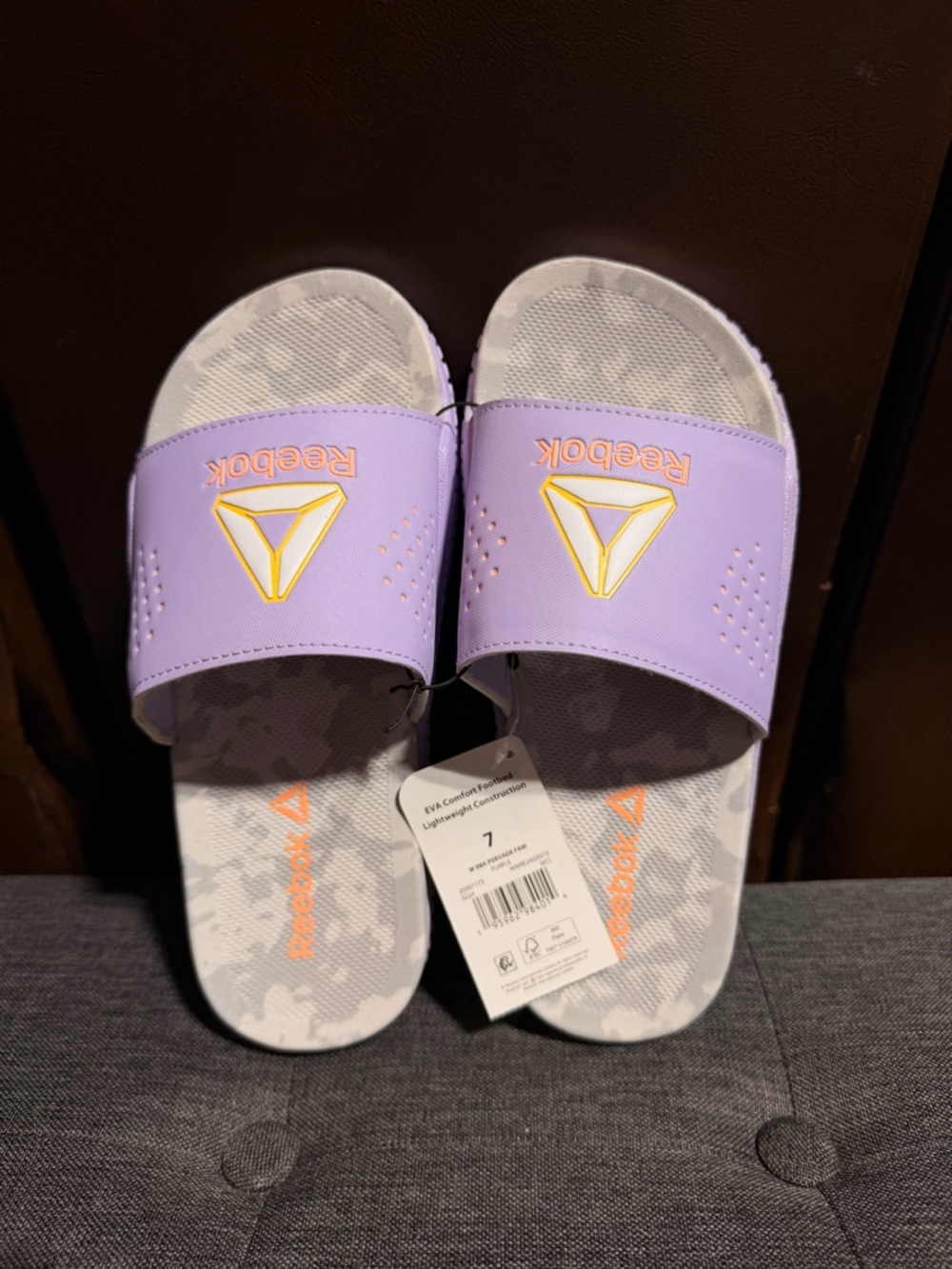 Reebok Lavender Slide Sandals with Yellow Logo